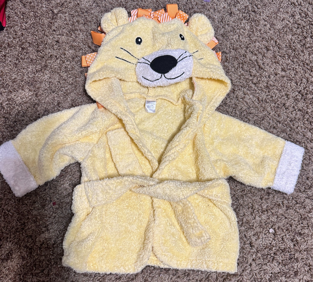 Baby Aspen Hooded Towel Terry Cloth Robe Yellow Lion w/ belt sz 0-9 mos